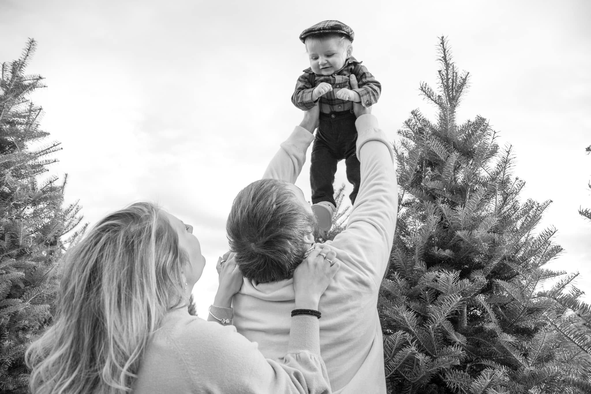 Parents lifting baby high among the Christmas trees